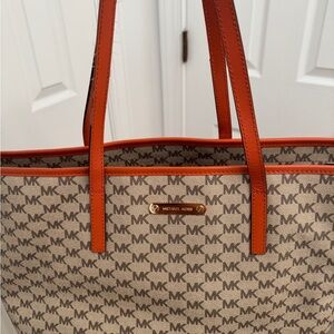 Michael Kors Signature Tan & Brown w/Orange Trim Large Tote
